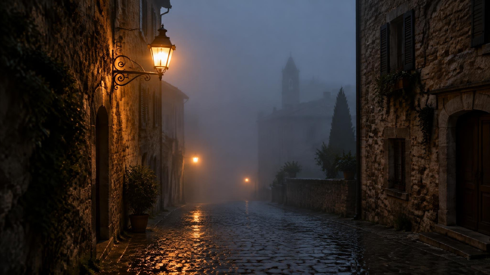 Foggy old European cobblestone street at dusk with a glowing streetlamp