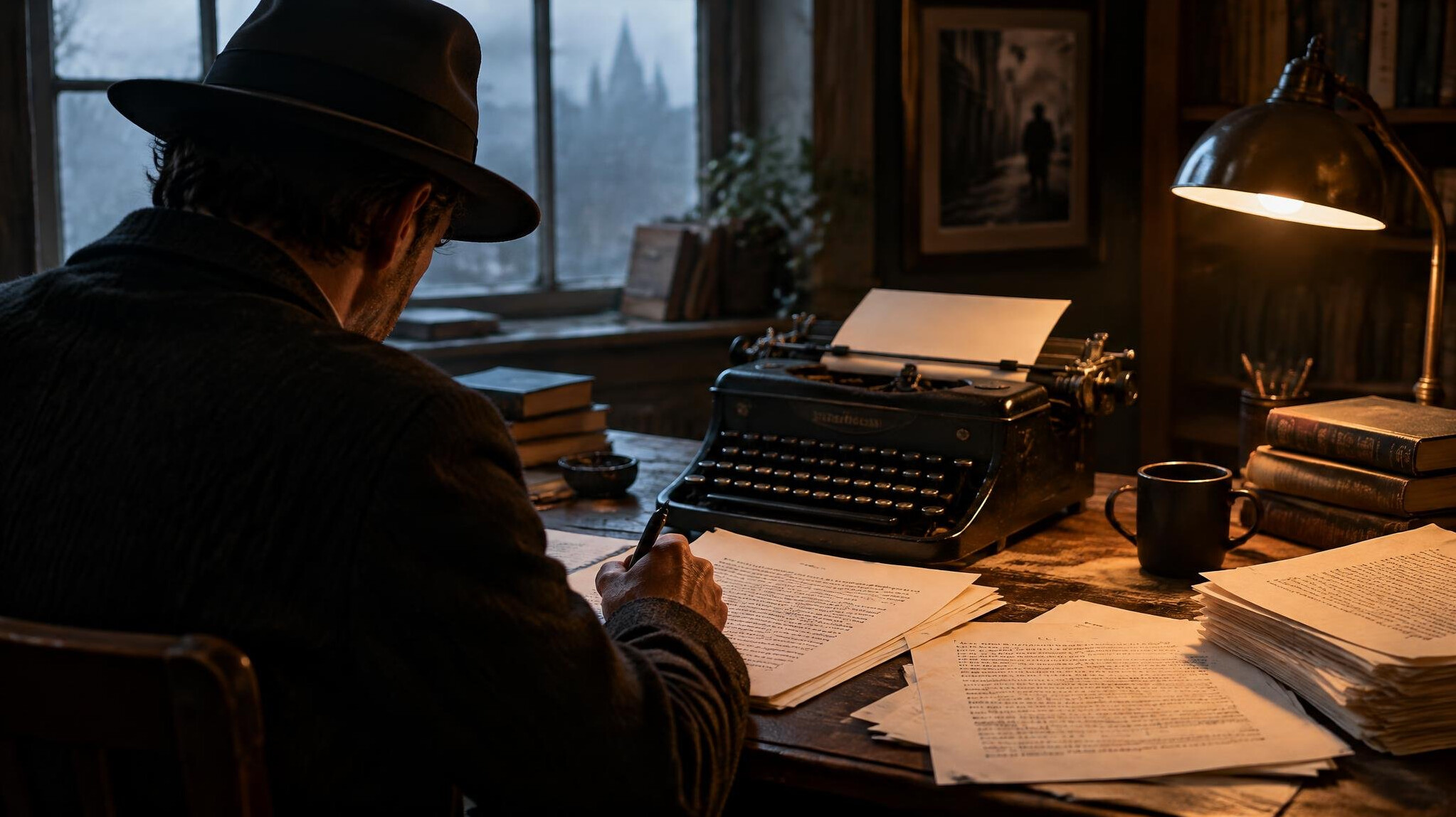 mystery writer at desk