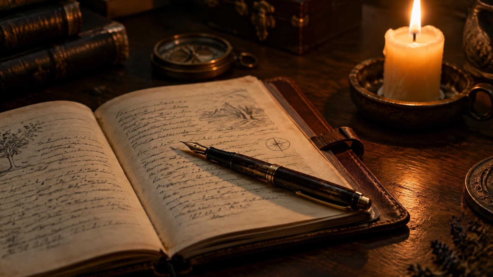 Open notebook with a vintage fountain pen and a lit candle on a wooden desk