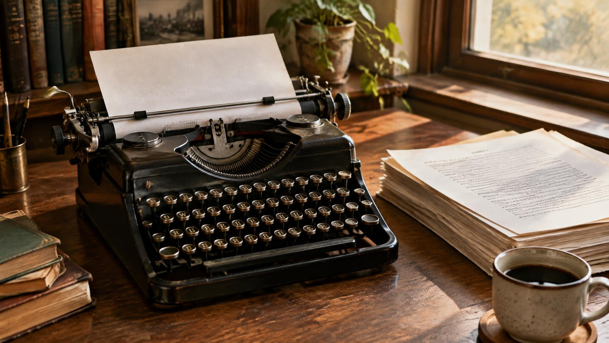 Vintage typewriter on a wooden desk beside stacked manuscripts