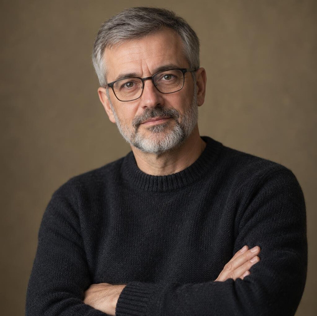 Portrait of a middle-aged Croatian male writer with glasses and a beard, sitting thoughtfully