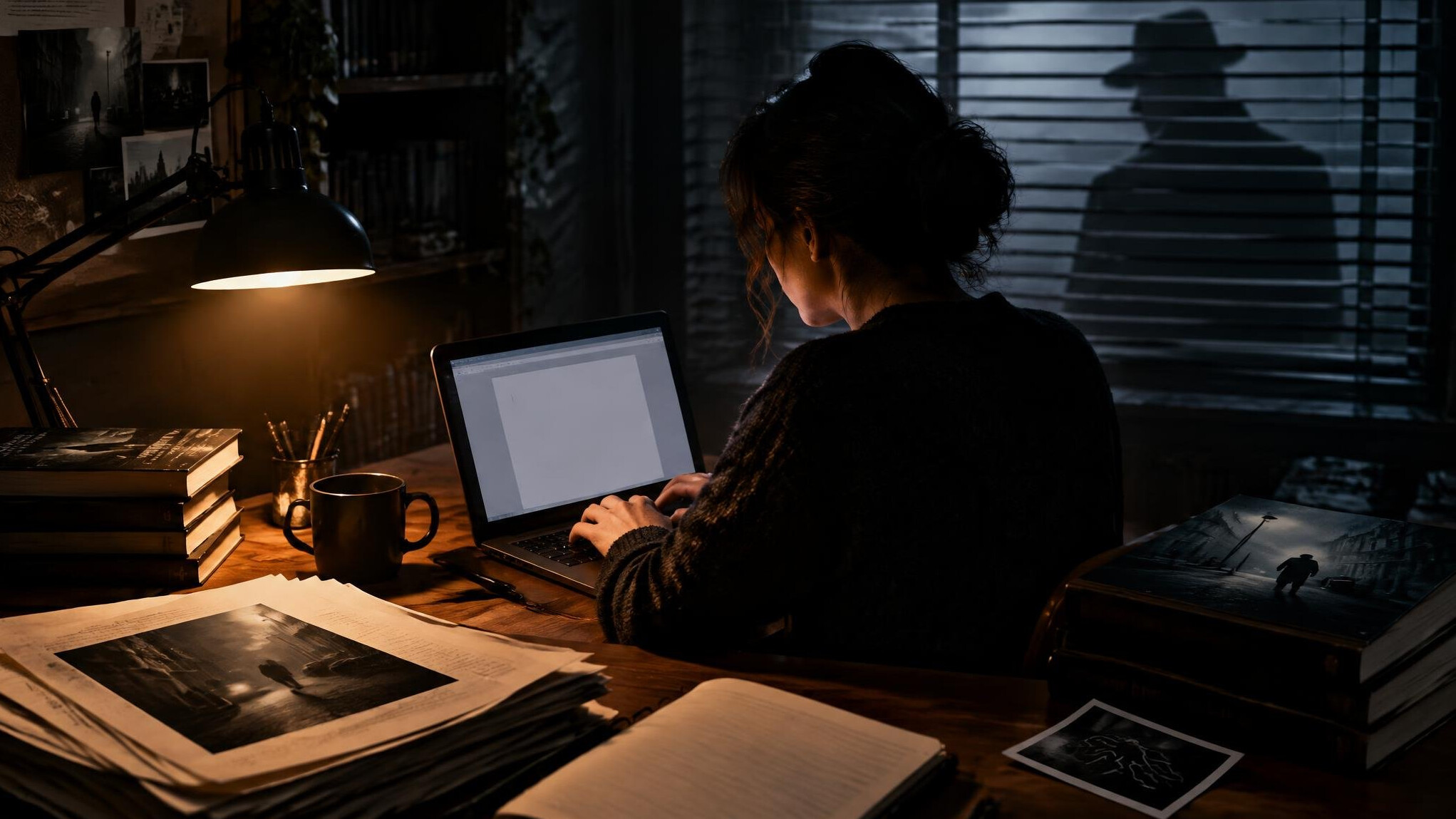 mystery writer at desk