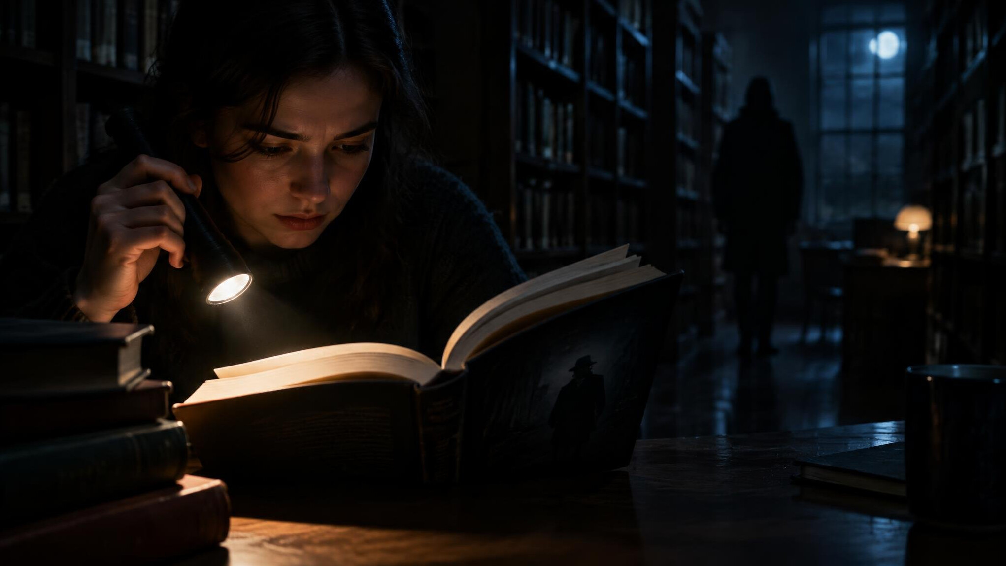 person reading book at night