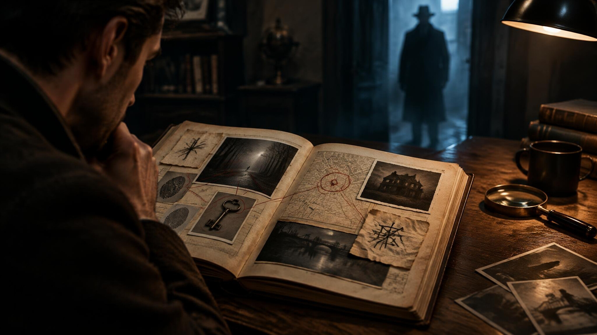 open mystery book with clues