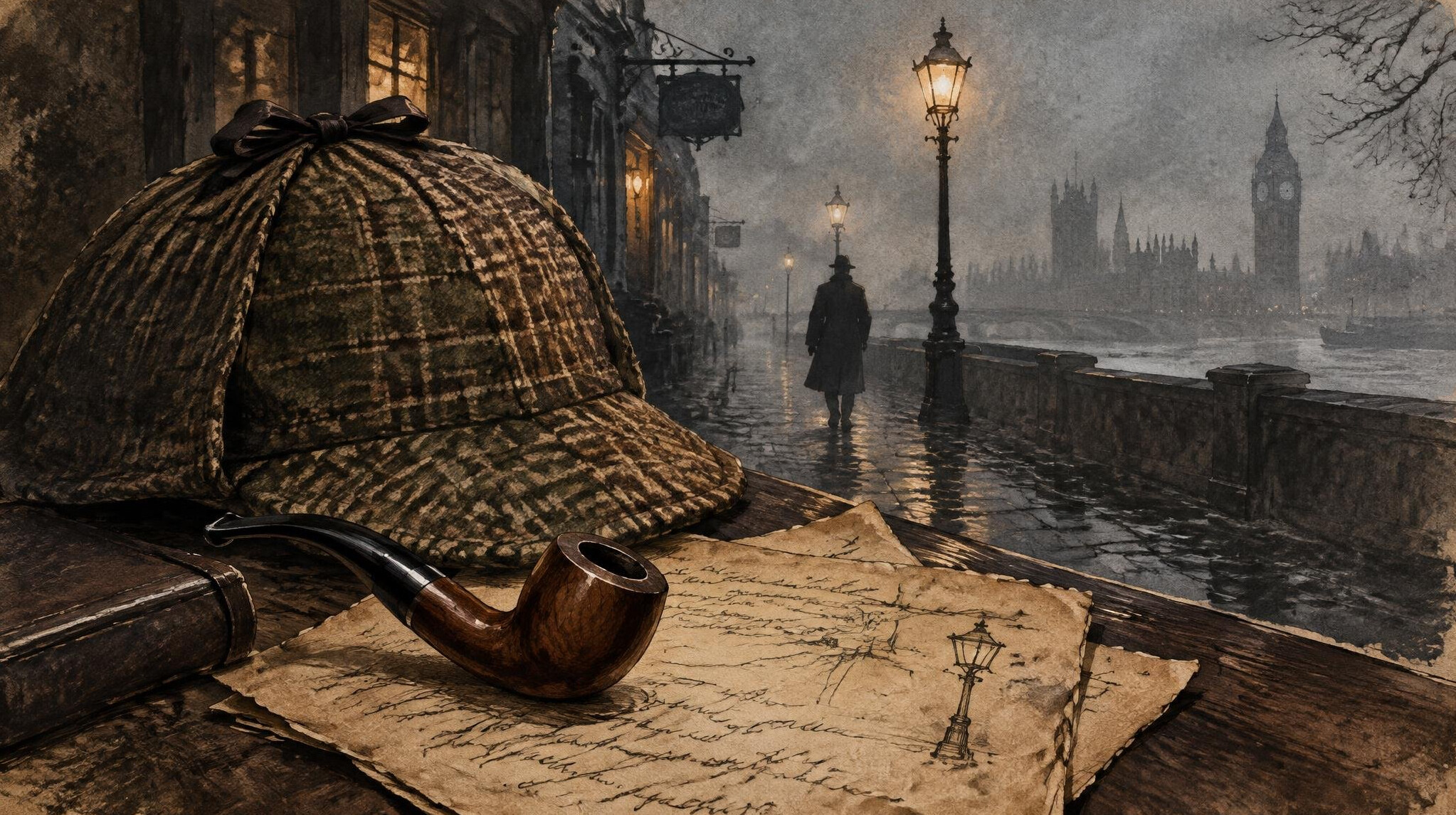 vintage detective hat and pipe